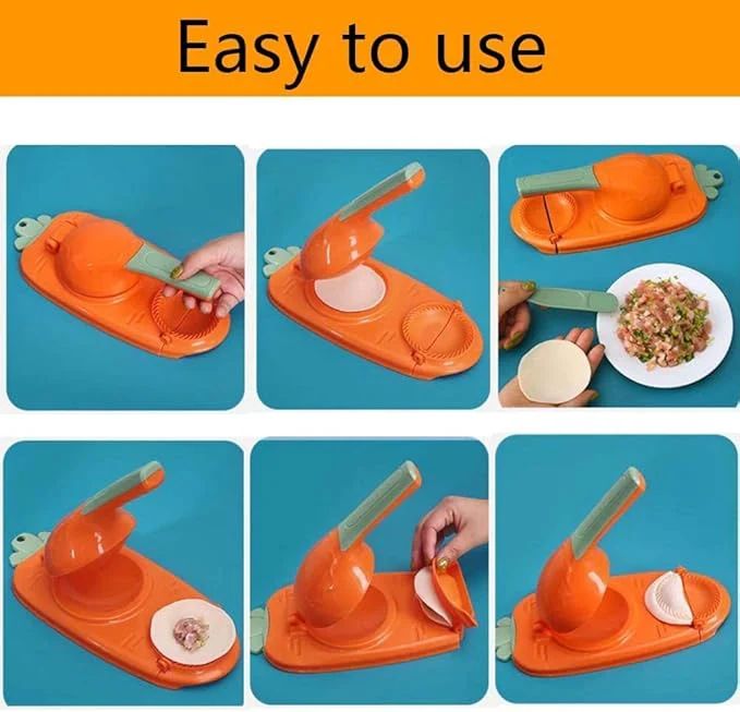 Multifunctional kitchen tool with orange handle and green accents, used for cutting vegetables.