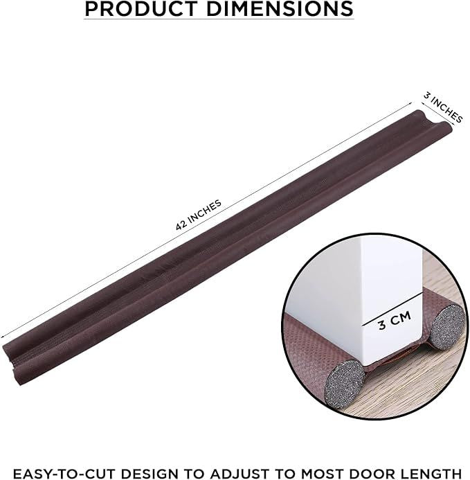 Measurement chart of a door draft stopper with dimensions and an inset showing a close-up measurement.