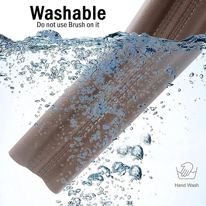 Textured fabric with water droplets and text indicating washability and hand washing instructions.