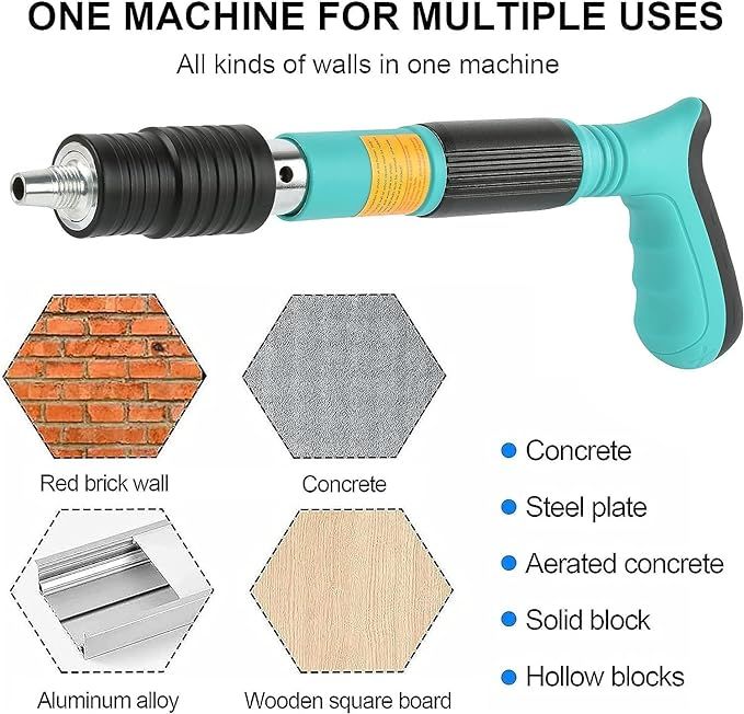 Tool with teal handle and black grip, used on various materials including red brick wall, concrete, steel plate, aerated concrete, solid block, and hollow blocks.