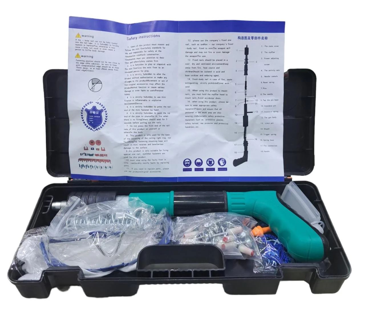 First aid kit with components inside a black case on a white background