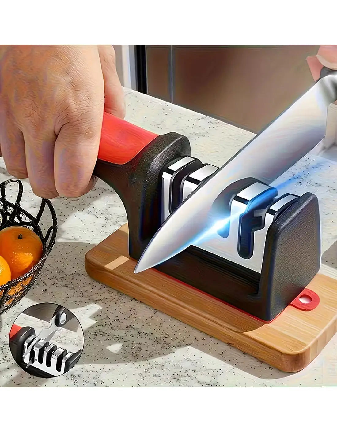 Knife sharpener being used on a kitchen counter with a basket of oranges in the background.