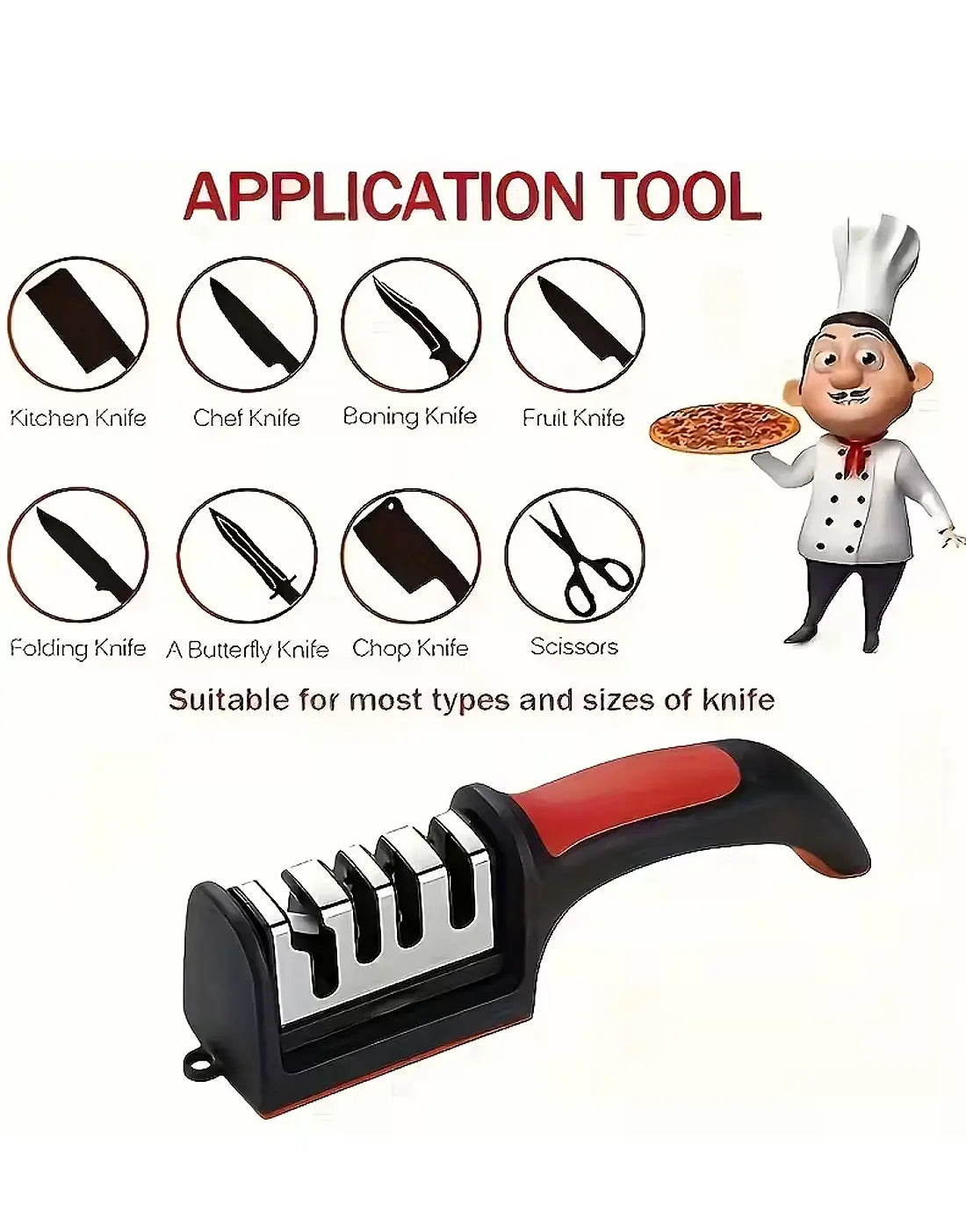 Knife sharpener with illustrations of different types of knives and a chef holding a pizza.